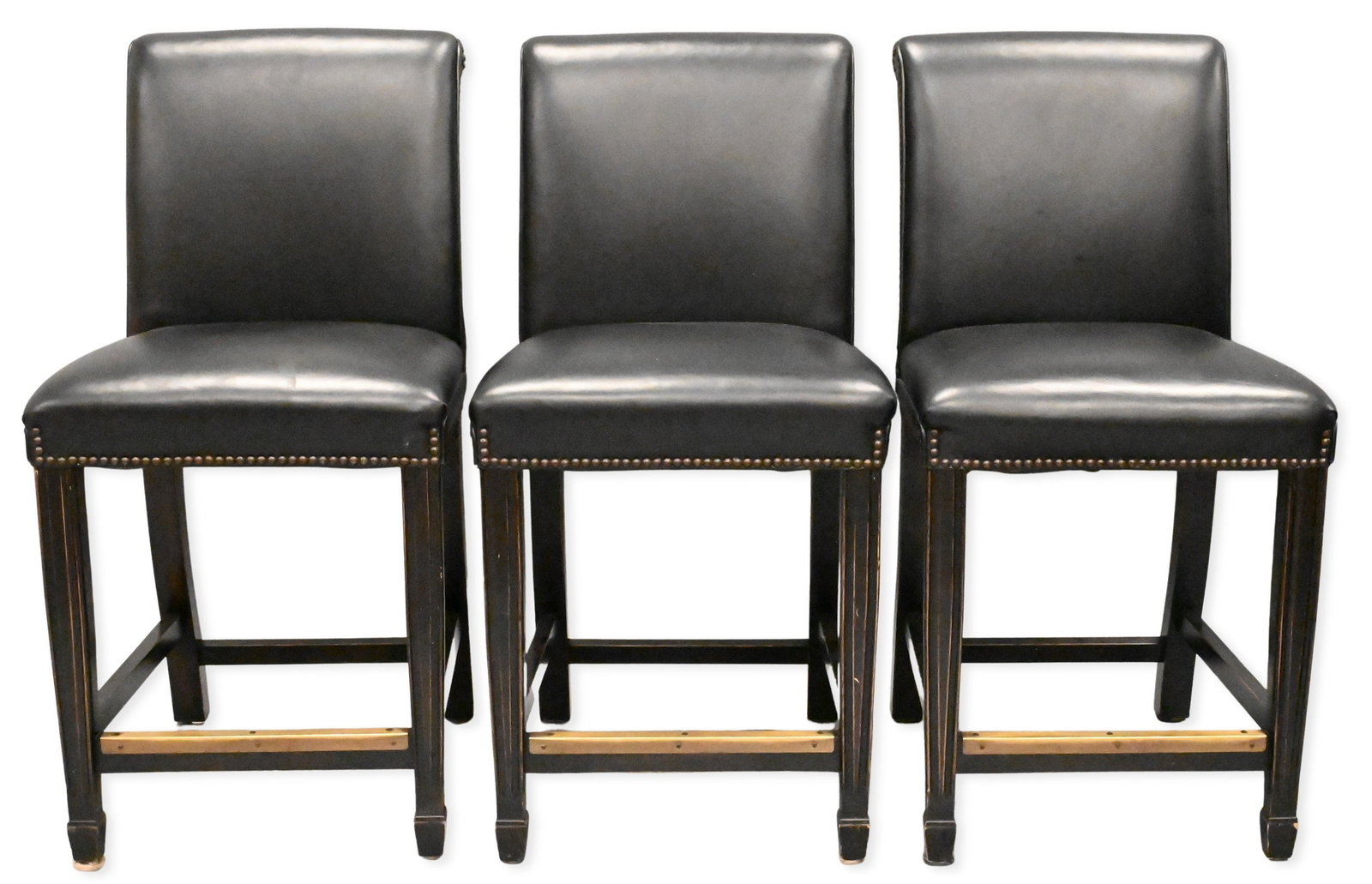 Set of Three Statesville Leather Bar Stools: Set of Three Statesville Leather Bar Stools having reeded mahogany legs height 37 inches, width 18 1/2 inches