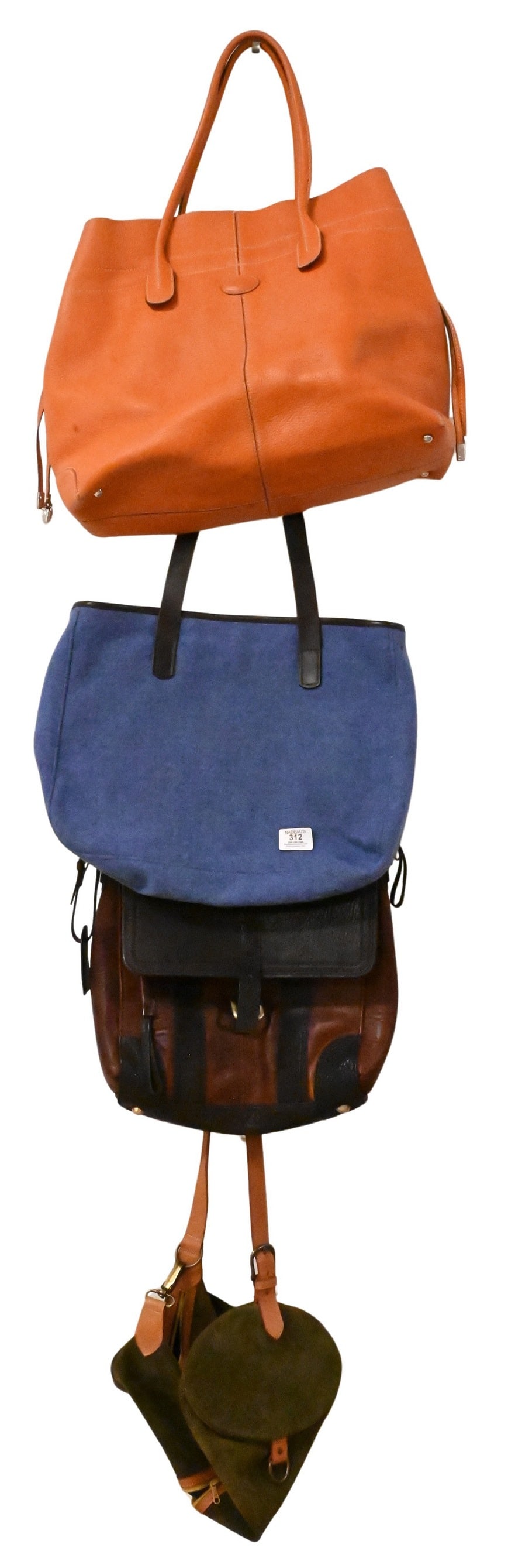 Group of Five Designer Handbags and Travel Accessories: Group of Five Designer Handbags and Travel Accessories To include a Harris Tweed x Brora blue felt and leather handbag; Tod's Diana D-Bag in orange leather; blue woven leather tote; green suede and