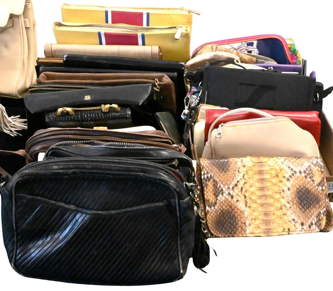 Approximately 40 Women's Clutches / Handbags: Approximately 40 Women's Clutches / Handbags various materials to include beads and leather, brands include Wonder, Bottega Veneta, T. Anthony LTD., etc.