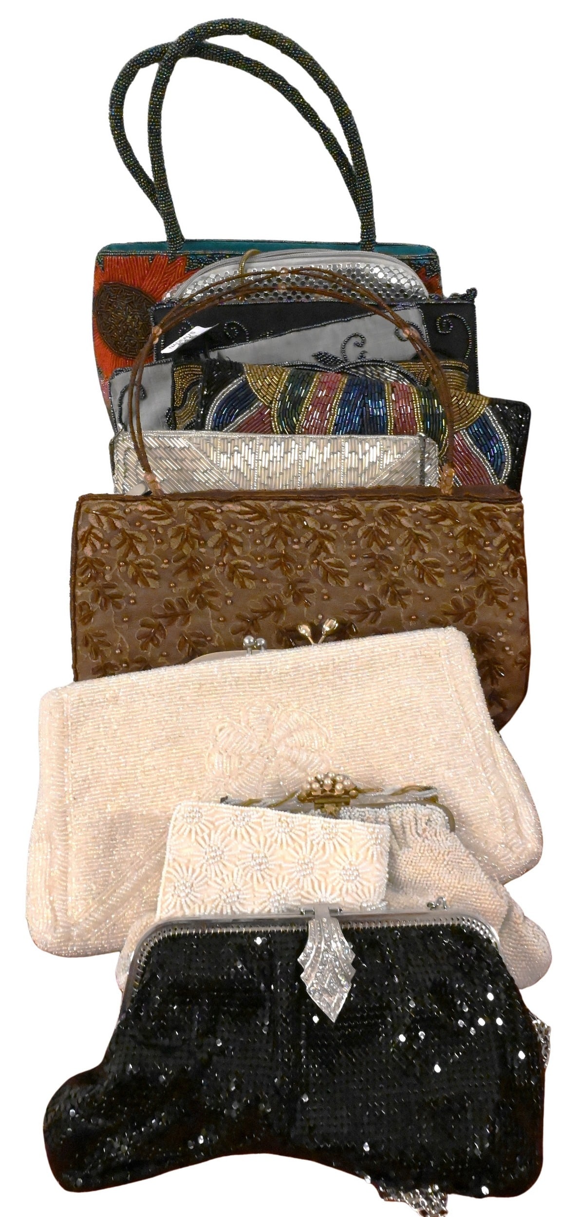 Group of 17 Vintage Beaded Handbags: Group of 17 Vintage Beaded Handbags To include vintage evening handbags and clutches decorated with glass beadwork, sequins, and metallic accents, in floral, geometric, and Art Deco-inspired designs,