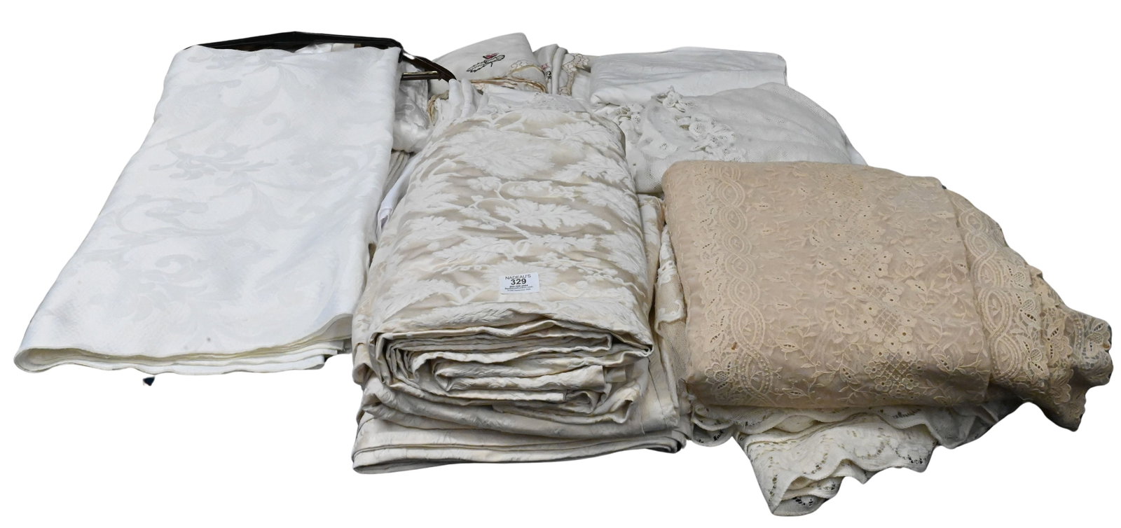 Group of Vintage Table Linens and Lacework: Group of Vintage Table Linens and Lacework To include Wedgwood set, tablecloths, placemats, runners, centerpieces, and other table linens in white and ivory linen and cotton, many decorated with hand 