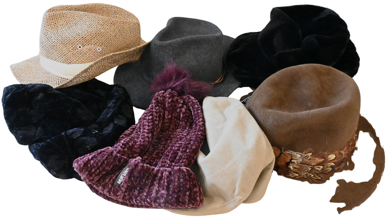 Collection of Men and Women's Hats: Collection of Men and Women's Hats To include Yellow 108, Karen Heartfellow, San Diego Hat Company, and other straw, wool felt, knit, and faux fur hats in a variety of styles and colors. Provenance: P