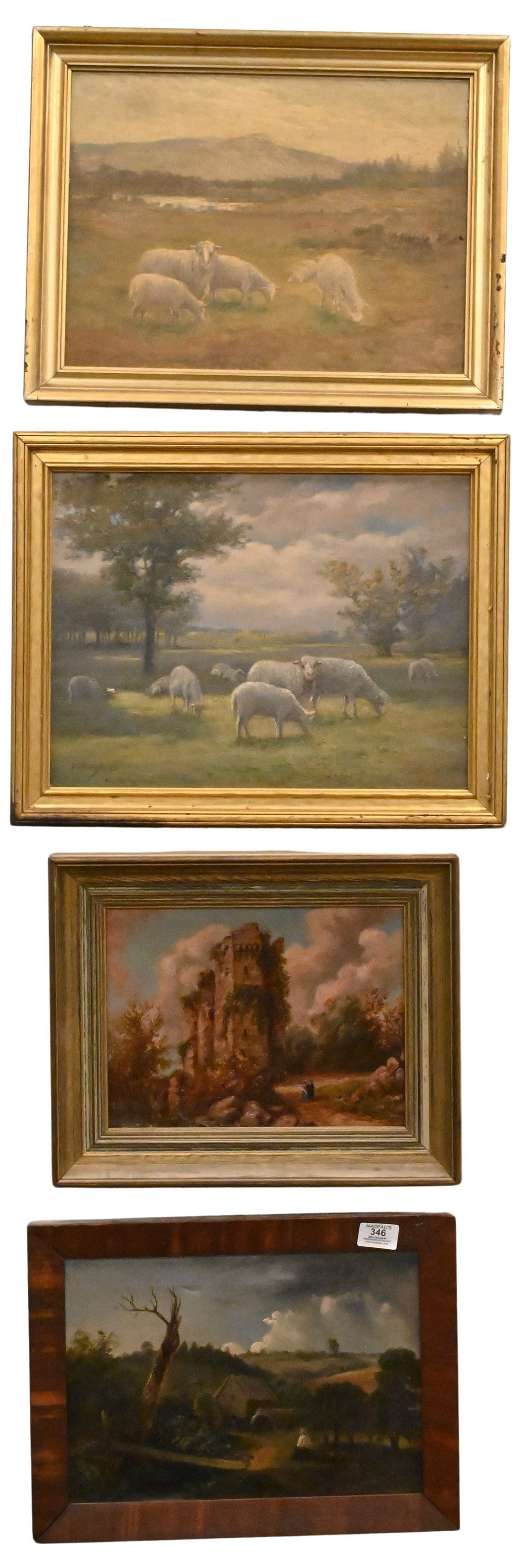 Four Small Framed 19th Century Landscapes: Four Small Framed 19th Century Landscapes to include Pair of pastoral oil on canvas meadow landscapes depicting sheep, one signed illegibly lower left and dated 1890 15" x 19" frame Adam Wasicki oil
