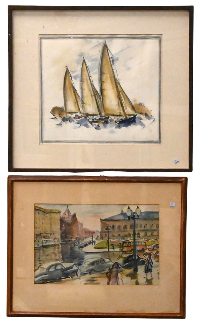 Three Framed City and Coastal Scenes: Three Framed City and Coastal Scenes to include Charles Demetropoulos (American, 20th Century) Watercolor depicting a Copley city square. Barbara Kauffmann-Locke (American, 1925–2012) Pen and