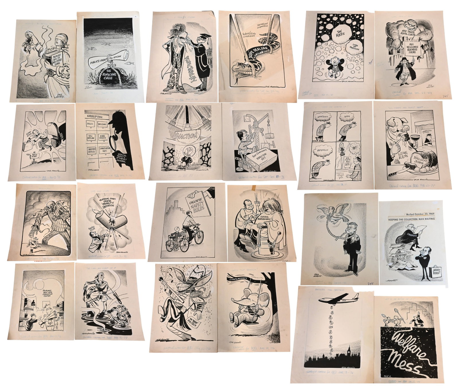 120 Dick Hodgins (American 20th Century), Original Editorial Cartoons: 120 Dick Hodgins (American 20th Century), Original Editorial Cartoons Nine original pen and ink editorial cartoons on illustration board, dated circa 1969–1977, addressing contemporary political