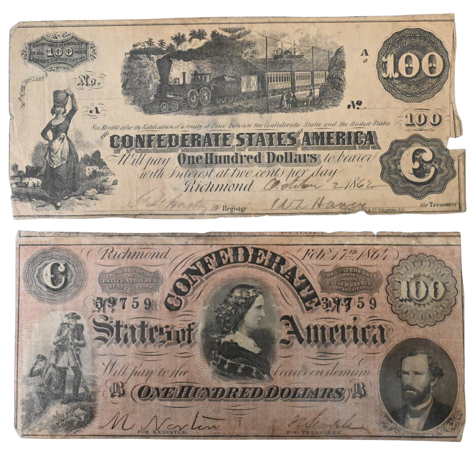 Two Confederate $100 Dollar Notes: Two Confederate $100 Dollar Notes one dated Feb. 17th 1864, serial number 39759, the other a T-39 or T-40 dated October 2nd 1862, serial number illegible.