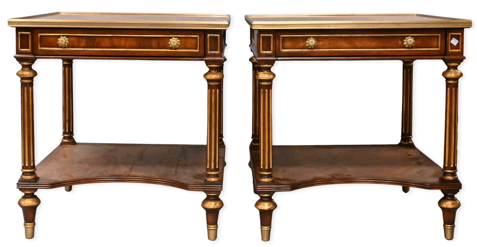 Pair of Theodore Alexander Louis XVI Style End Tables: Pair of Theodore Alexander Louis XVI Style End Tables each having brass gallery over one drawer height 27 1/2 inches, top 26 1/4" x 26 1/4"