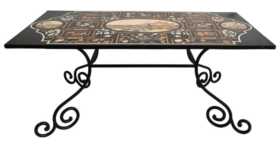 Pietra Dura Top Dining Table: Pietra Dura Top Dining Table Rectangular pietra dura top centered by a medallion depicting farmers in a landscape with a villa in the distance, surrounded by scrolling foliate ornament and birds,