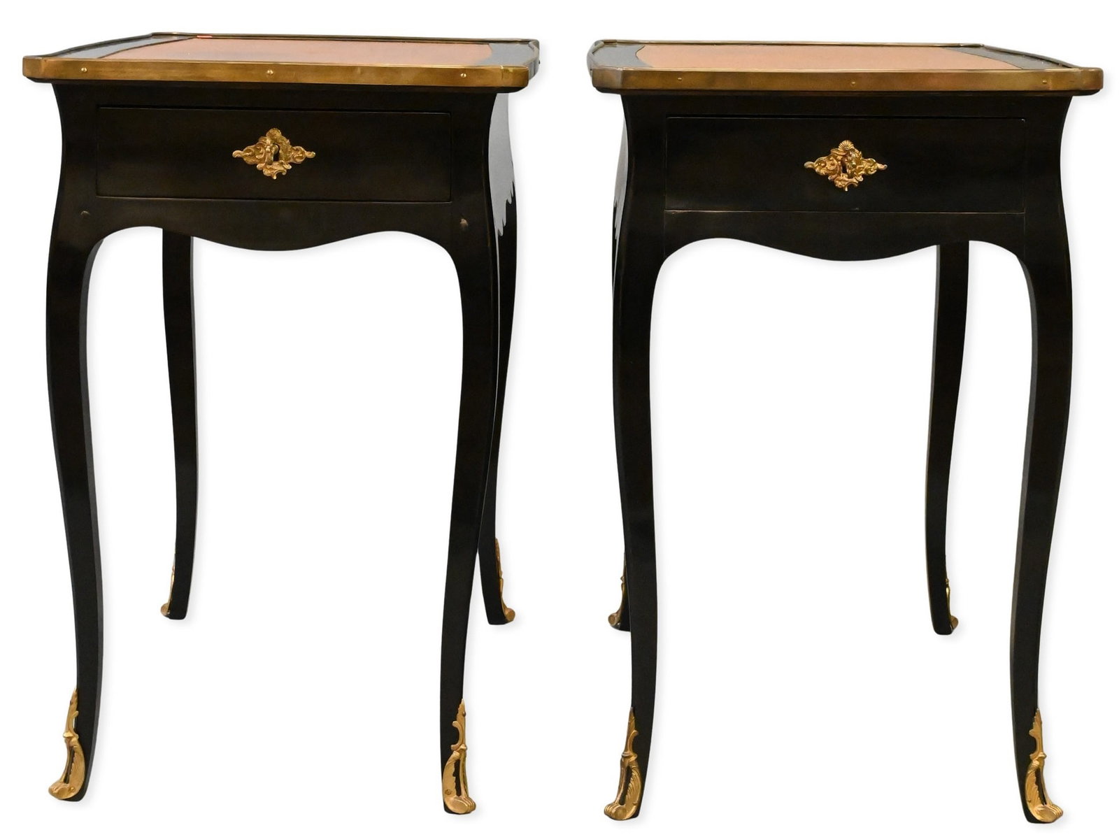 Pair of Maison Jansen Style Directoire End Tables: Pair of Maison Jansen Style Directoire End Tables Having ebonized cases with tooled leather inset tops, single drawers with cast brass pulls, brass edge banding, and brass-mounted cabriole legs