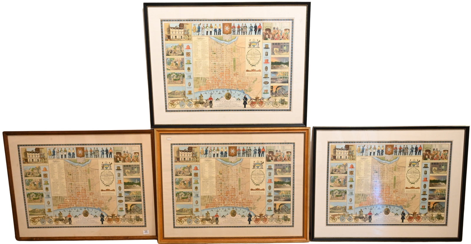 Four Jacob Riegel: Four Jacob Riegel "Philadelphia Map" Colored engravings, circa 1938 Frame size 27 1/2" x 36"