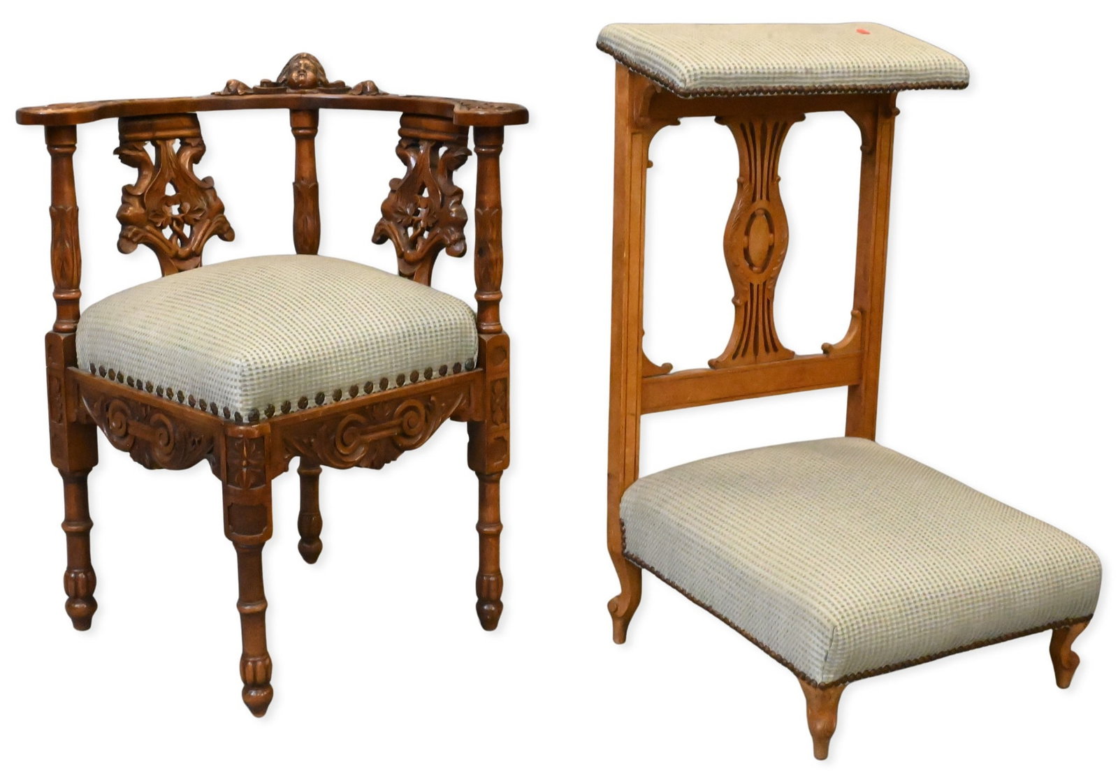 Two Piece Furniture Lot: Two Piece Furniture Lot carved continental corner chair having putti pediment over a carved openwork back, along with upholstered prayer bench bench height 33 inches, chair height 32 inches