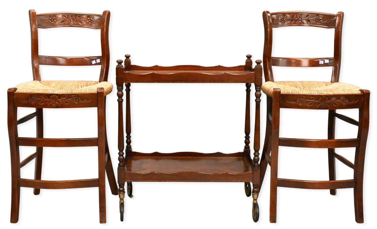 Three Piece Furnishings Lot: Three Piece Furnishings Lot to include pair of stools having rush seats, along with two tier mahogany cart set on large inlaid casters stool height 37 1/2 inches cart height 29 1/2 inches top 15 1/2"