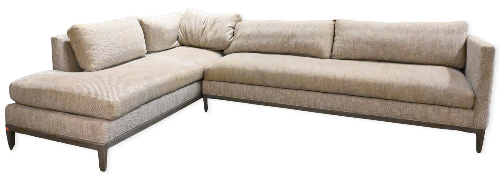 Lee Industries Custom Upholstered Section: Lee Industries Custom Upholstered Section in two parts, soiling to back / headrest height 30 inches, length 34 1/2 inches, width 88 inches