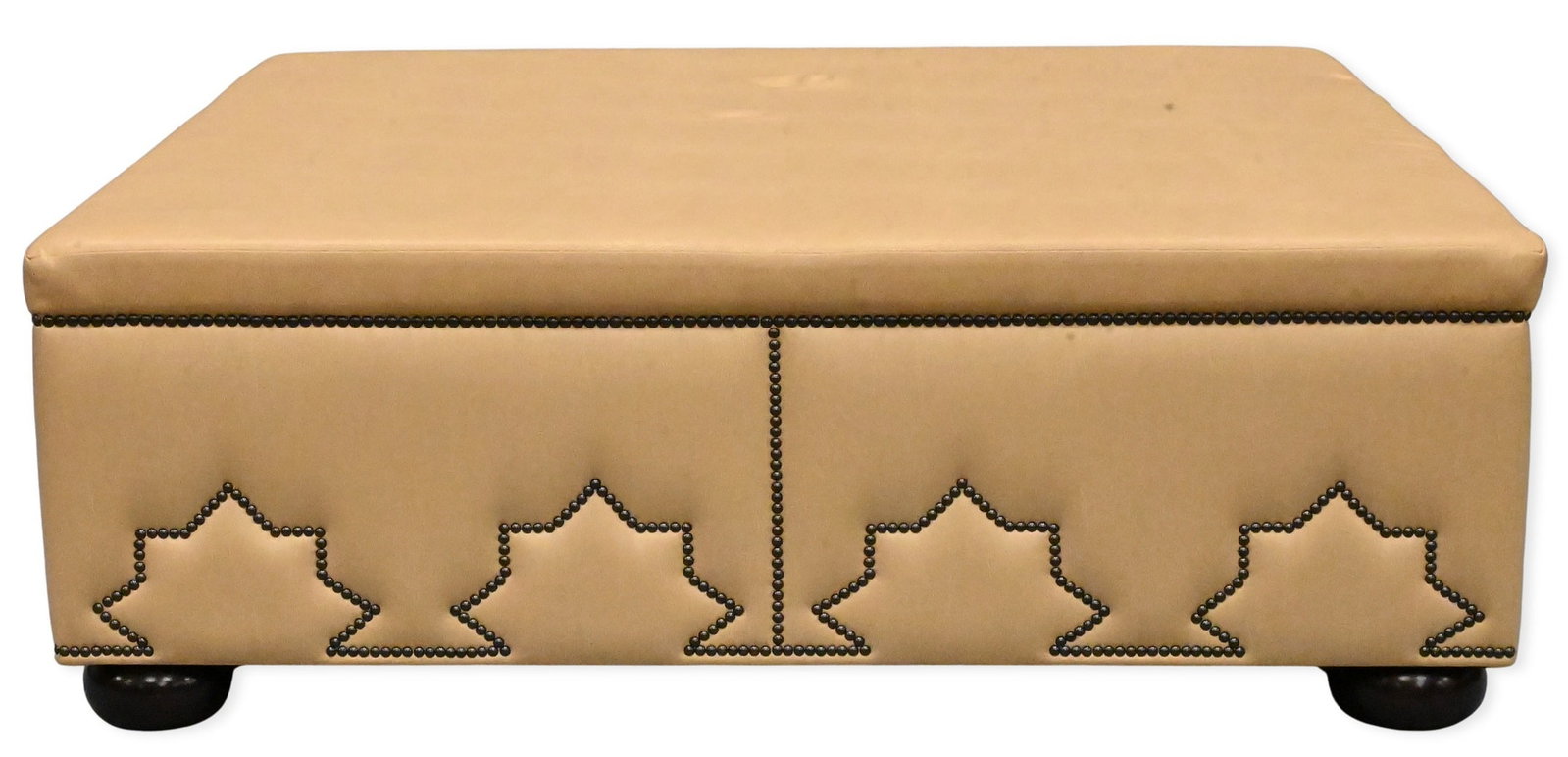 Contemporary Leather Upholstered Ottoman: Contemporary Leather Upholstered Ottoman having beige leather, tack trim, raised on short circular feet height 16 3/4 inches, top 48 1/2" x 49"