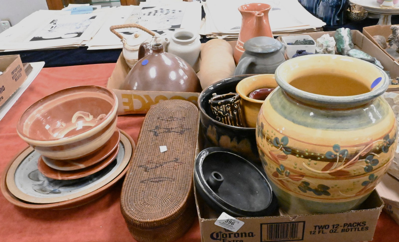 17 Piece Studio Pottery and Ceramic Group: 17 Piece Studio Pottery and Ceramic Group to include Hand-painted floral glazed vase; glazed pitcher; moonshine jug; two teapots, one impressed "Suzy"; Yonkers pottery jug; tree-form mug; candlestick;