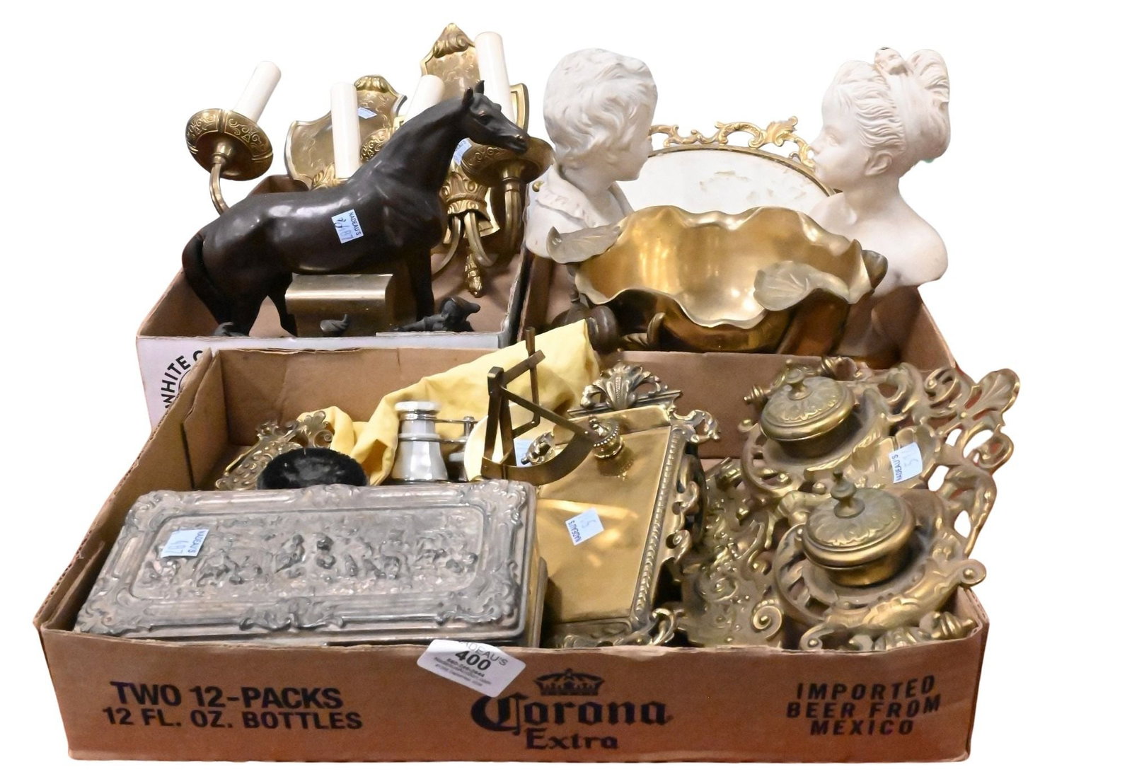 Assembled Decorative Metalware Group: Assembled Decorative Metalware Group to include pair of brass two-light wall sconces; brass lily pad decorated bowl; gilt metal circular picture frame; three metal dwarf figures; bronze horse figure (