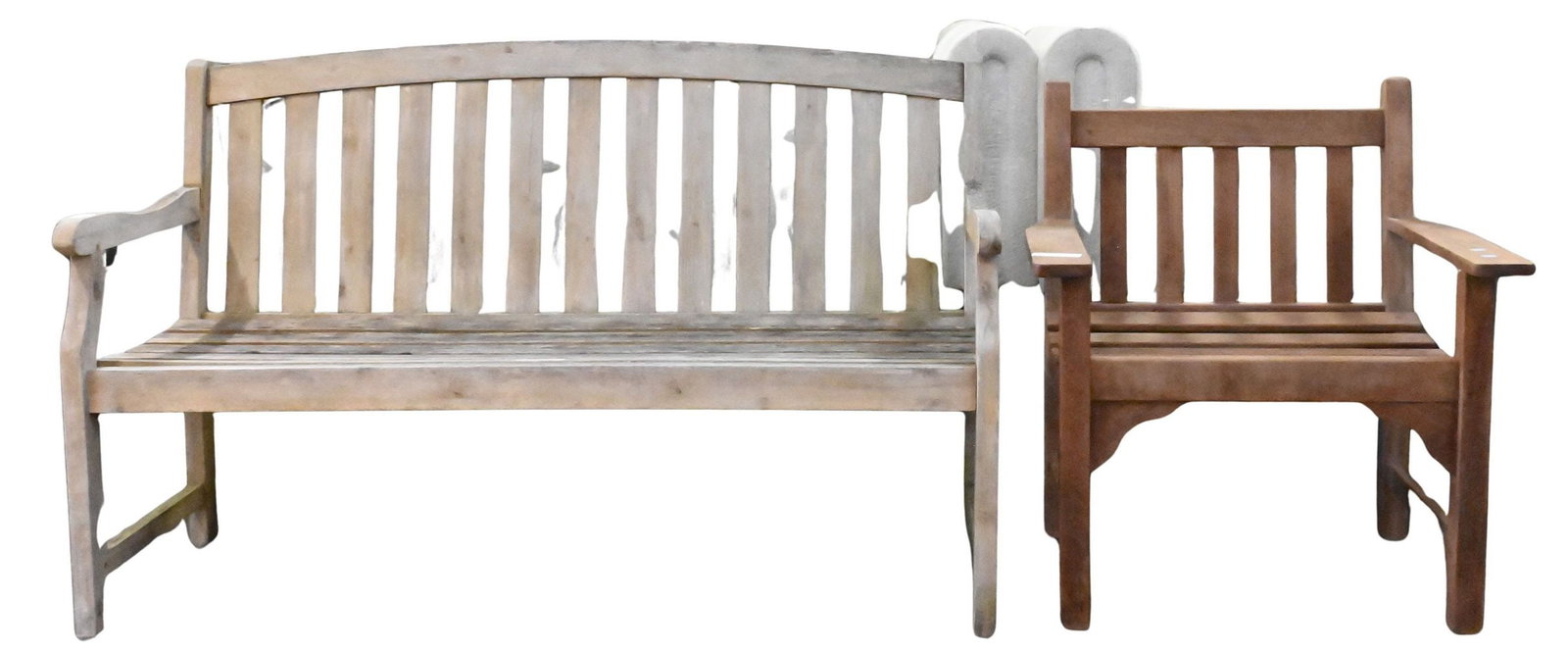 Two Piece Teak Outdoor Seating Lot: Two Piece Teak Outdoor Seating Lot to include a 4' 5" bench along with an armchair bench height 35 inches, length 57 inches, chair height 32 1/2 inches, width 29 1/2 inches