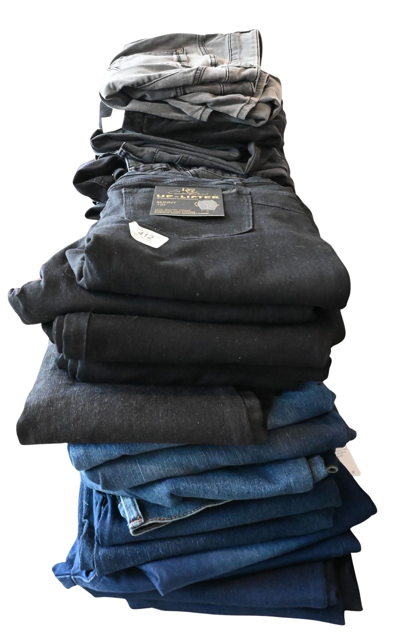 Group of Approximately 30 Women's Jeans: Group of Approximately 30 Women's Jeans in blue, black and grey denim, DG2, D & Co, etc. sizes 12+-16+, most still having original tagging