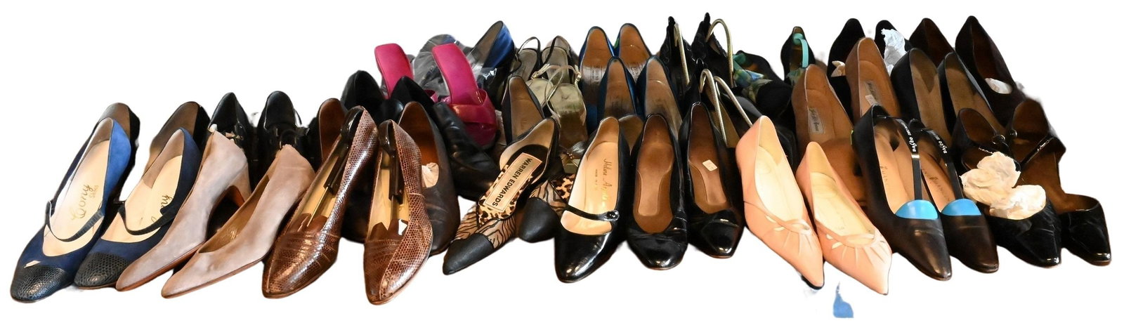Approximately 30 Pairs of Women's Heels: Approximately 30 Pairs of Women's Heels of various colors and materials makers include Bruno Magli, Sacco, and Thomas Cort various sizes include 9, 36, 39, 8 1/2, etc