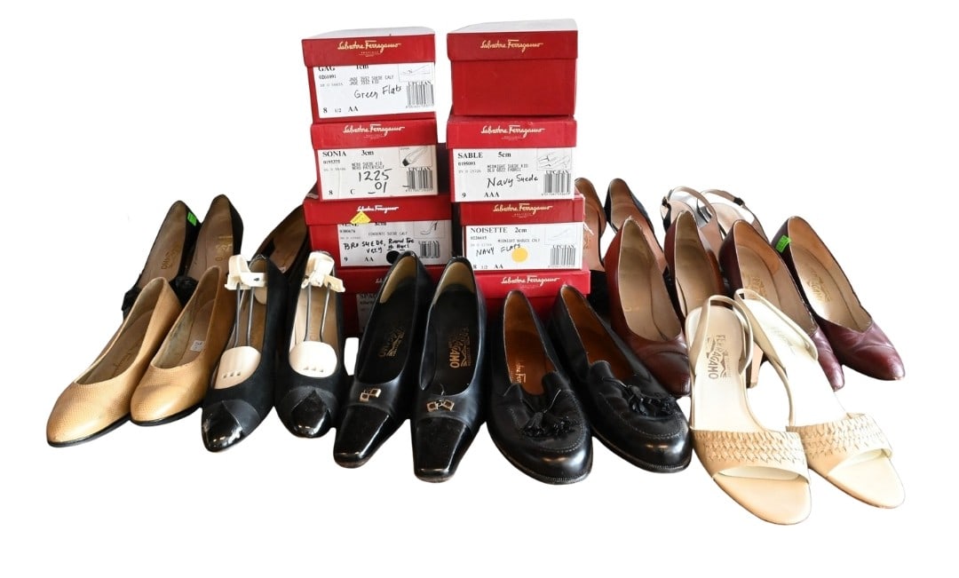 Approx. 15 Pairs of Salvatore Ferragamo Women’s Shoes: Approx. 15 Pairs of Salvatore Ferragamo Women’s Shoes to include "Gag", "Sonia", "Noisette" in 1 cm, 2 cm, 3 cm, navy blue, nero suede and jade suede,"Sherry" black, "Sable" in brown, "Nene" in