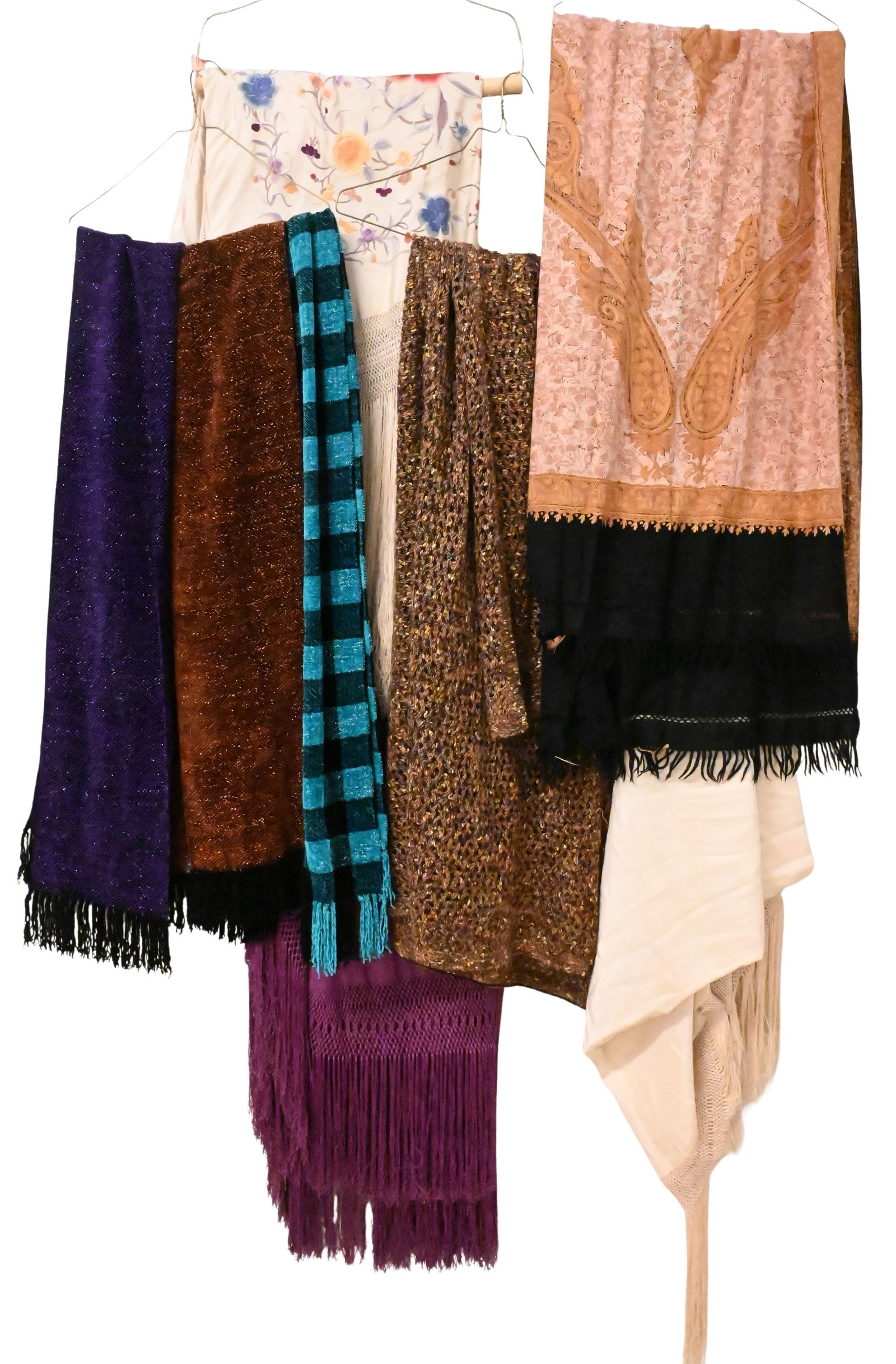 Group of Eight Ladys Shawls: Group of Eight Ladys Shawls to include silk piano shawl, and three Loominns hand wove multi color scarves / shawls