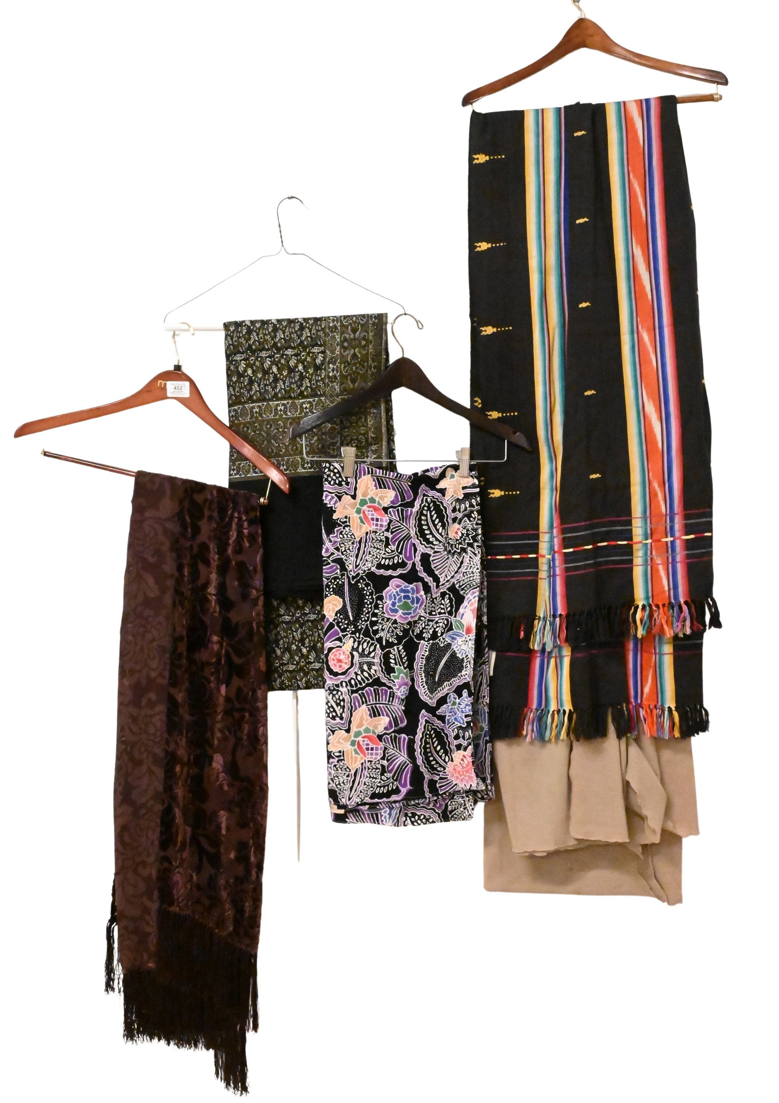 Group of Five Ladies Shawls: Group of Five Ladies Shawls to include a purple silk and a echo brand with a rainbow design