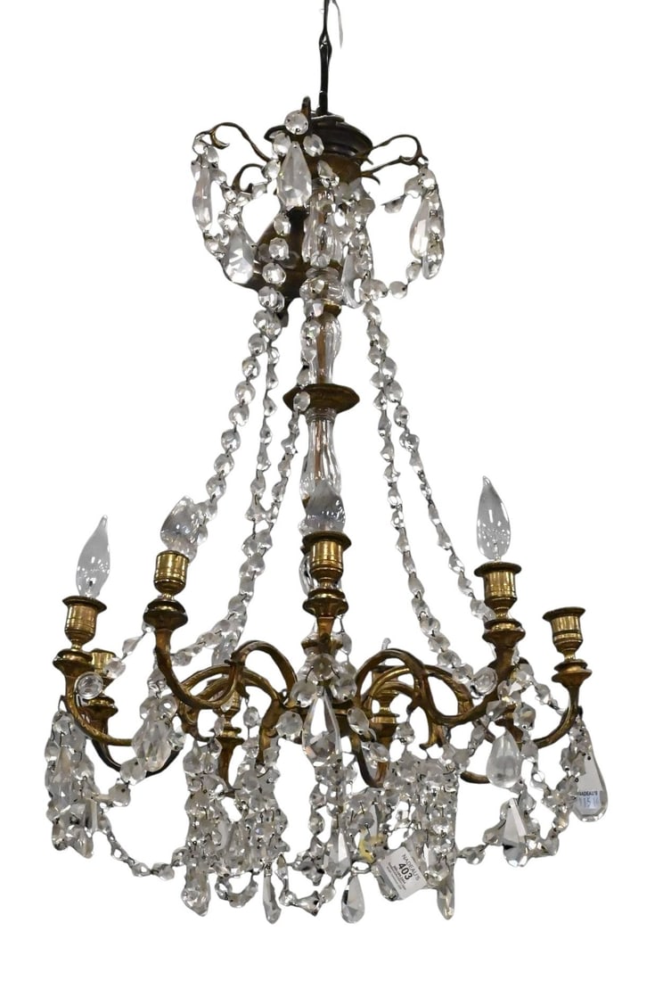 Eight Light Brass and Crystal Chandelier (1 of 3)