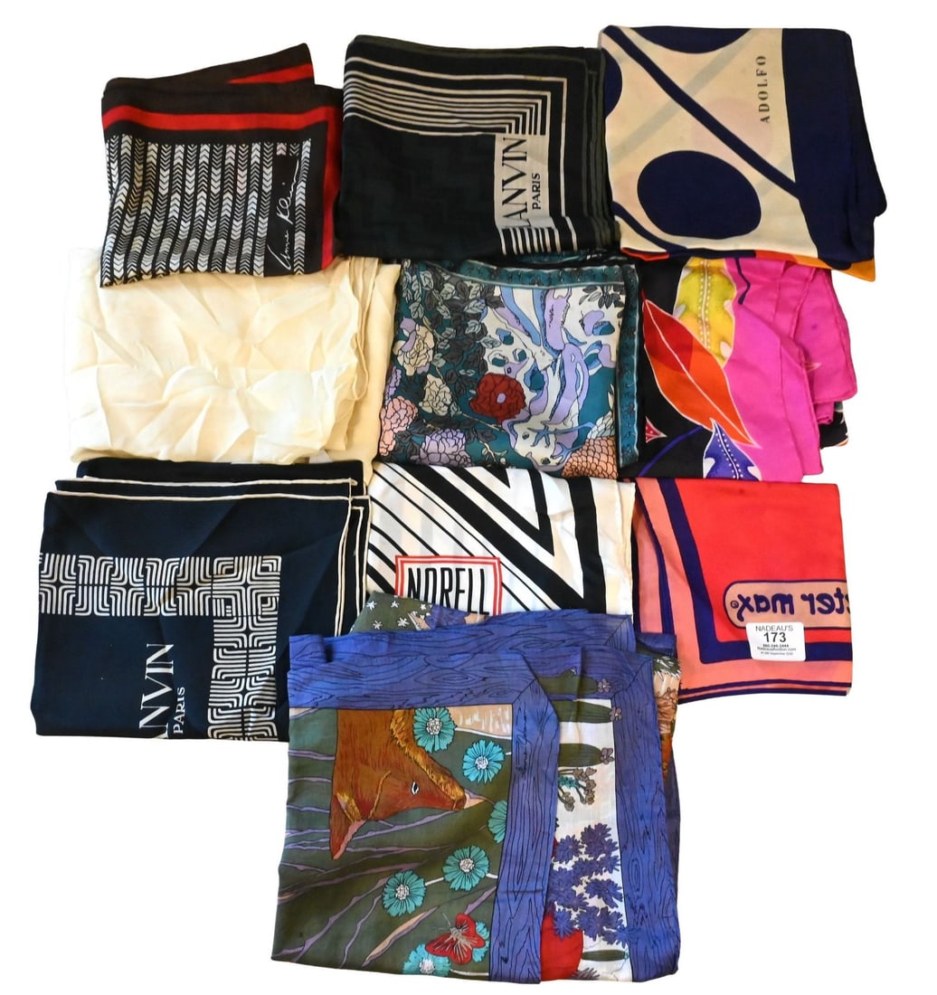 Group of Ten Designer Silk and Blend Scarves: Group of Ten Designer Silk and Blend Scarves To include two Lanvin Paris scarves 33" x 33"; 1960s Peter Max silk scarf; Norell black and white striped silk scarf; two Liberty of London scarves, one fl