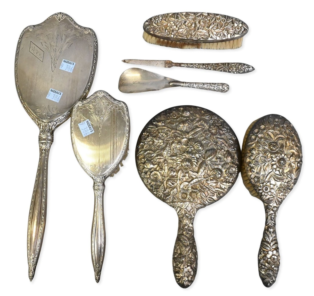 7 Piece Weighted Sterling Silver Repousse Dresser Set: 7 Piece Weighted Sterling Silver Repousse Dresser Set to include 2 mirrors, 2 brushes, shoe horn and file height 16 inches