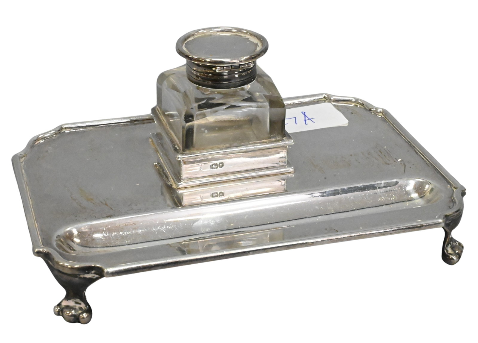 English Sterling Silver Ink Stand / Tray Stand: English Sterling Silver Ink Stand / Tray Stand having claw feet, glass ink bottle having sterling lid 5 1/2" x 7 1/2", 10.5 troy ounces