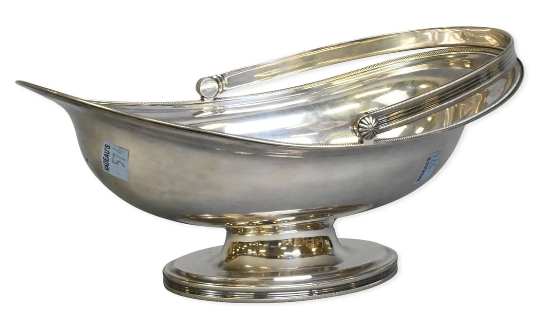 Dutch Sterling Silver Basket with Handle: Dutch Sterling Silver Basket with Handle height with handle 10 inches, width 12 inches, depth 9 inches, 22.8 troy ounces Provenance: From a Briarcliff Manor Estate
