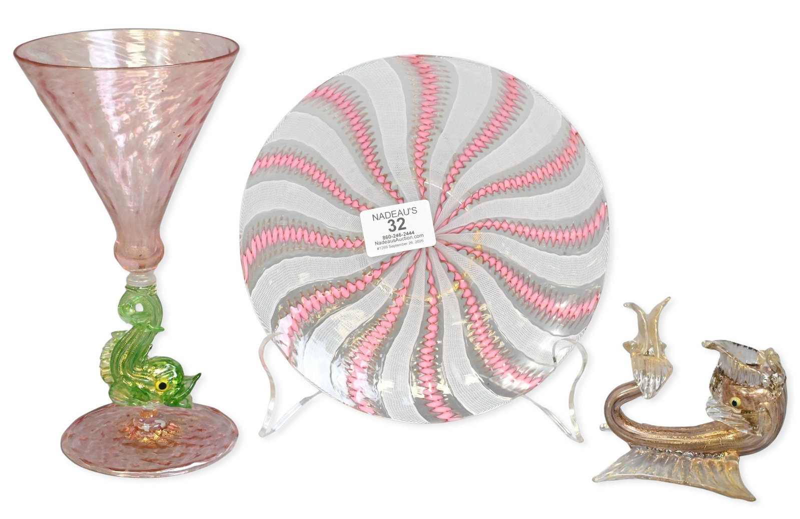 14 Piece Venetian Glass Group: 14 Piece Venetian Glass Group to include 6 clear and aventurine glass fish-form place card holders having applied details, 6 pink and white latticino glass dessert plates (diameter 7 inches), along