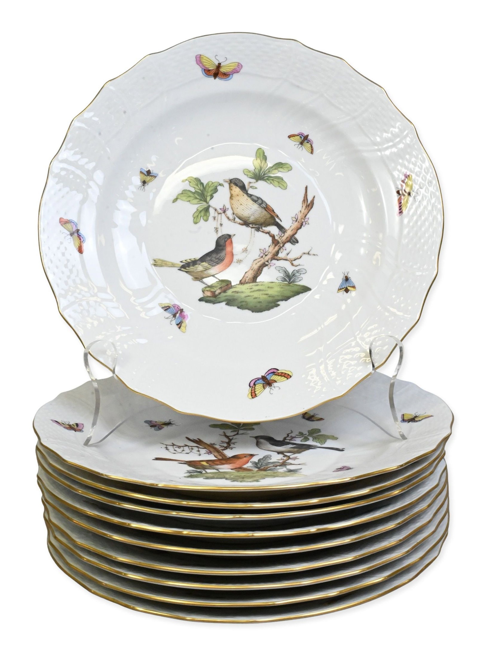 Set of Ten Herend "Rothschild Bird" Luncheon Plates: Set of Ten Herend "Rothschild Bird" Luncheon Plates each featuring different bird pattern diameter 9 inches Provenance: From a Briarcliff Manor Estate