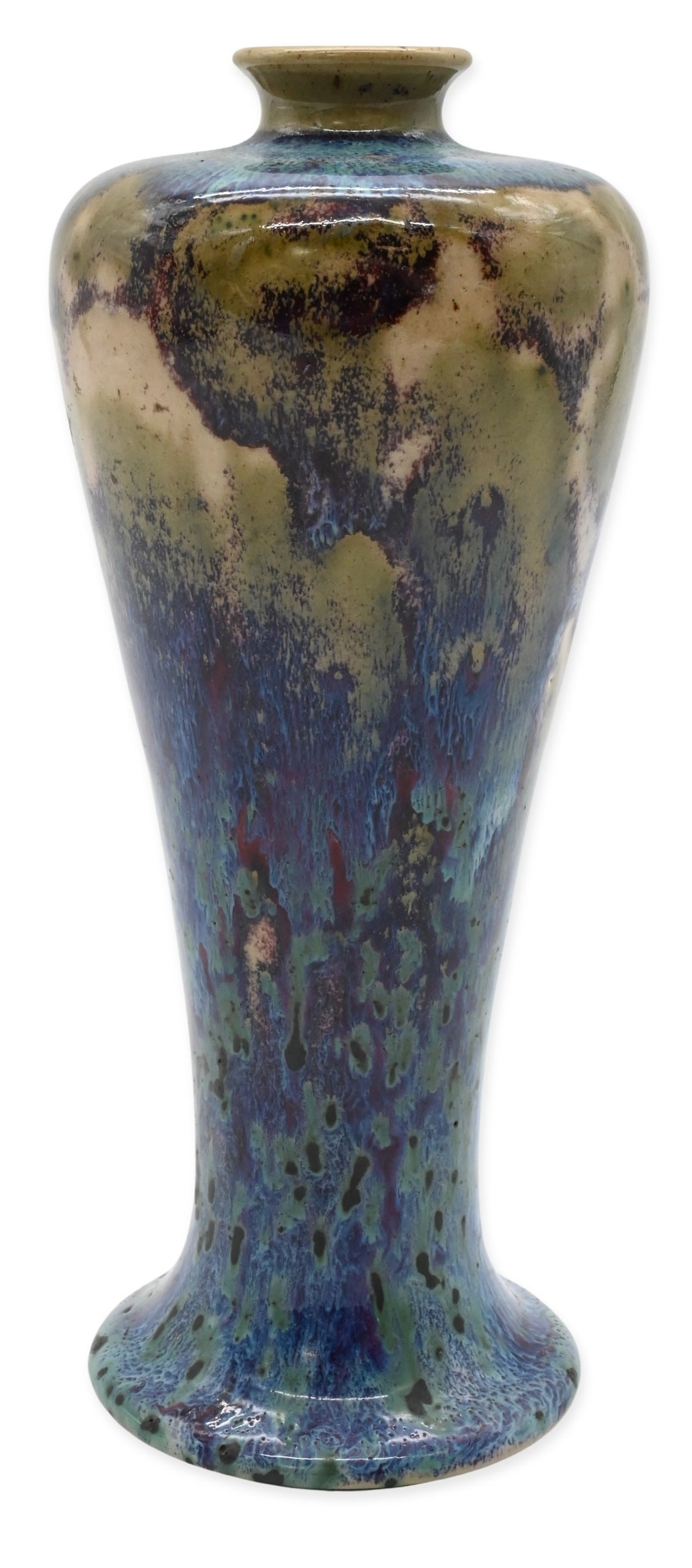 Ruskin Pottery 1906 High-Fired Flambe Baluster Vase: Ruskin Pottery 1906 High-Fired Flambe Baluster Vase stoneware vase of tapering baluster form, decorated in a mottled lavender and blue high-fired glaze, impressed RUSKIN POTTERY / WEST SMETHWICK /