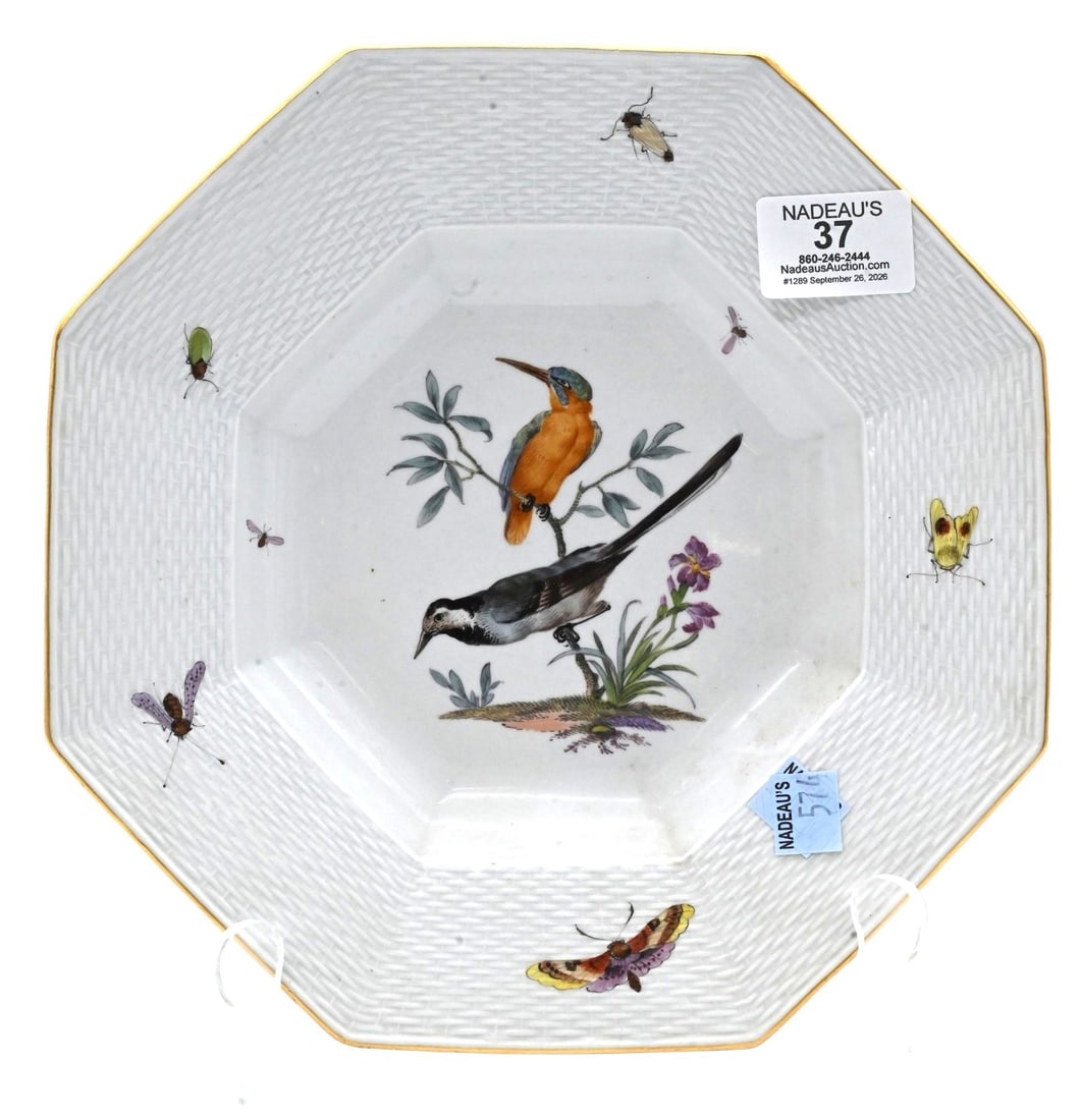 Meissen Porcelain Ornithological Kingfisher Deep Plate, circa 1745: Meissen Porcelain Ornithological Kingfisher Deep Plate, circa 1745 octagonal deep porcelain plate having a molded basketweave border in low relief, hand painted insects and butterflies, the center