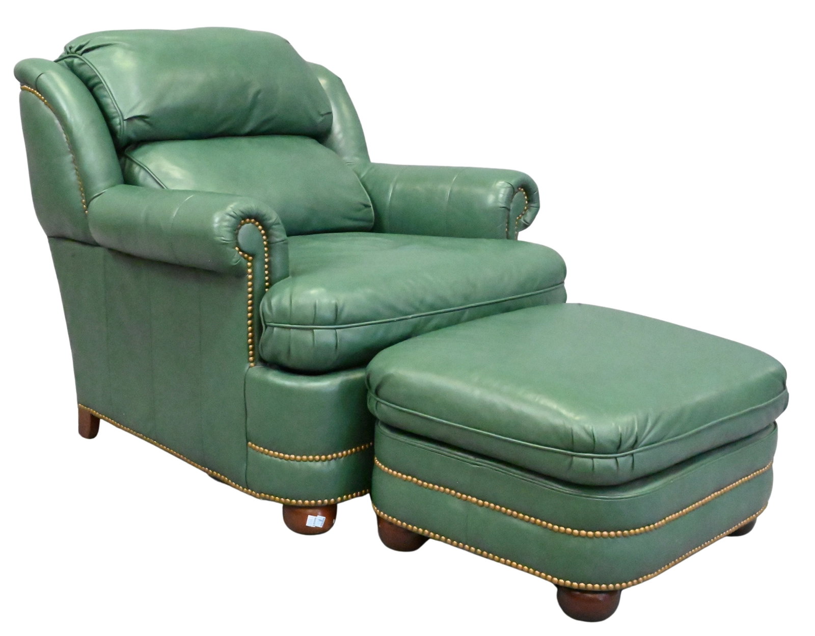Woodmark Green Leather Chair and Ottoman: Woodmark Green Leather Chair and Ottoman height 30 inches, width 36 1/2 inches, depth 34 inches