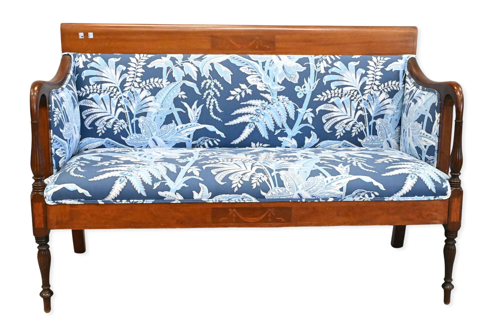 Sheraton Style Mahogany Inlaid Settee: Sheraton Style Mahogany Inlaid Settee having floral upholstery and set on reeded legs height 36 1/2 inches, length 54 1/4 inches, depth 22 inches