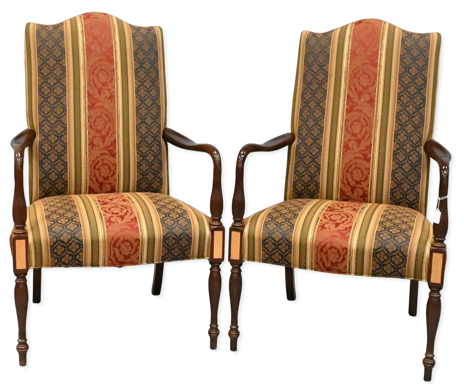 Pair of Mahogany Federal Style Lolling Chairs: Pair of Mahogany Federal Style Lolling Chairs having panel inlay and reeded legs, clean upholstery height 44 inches, width 26 inches, depth 22 inches