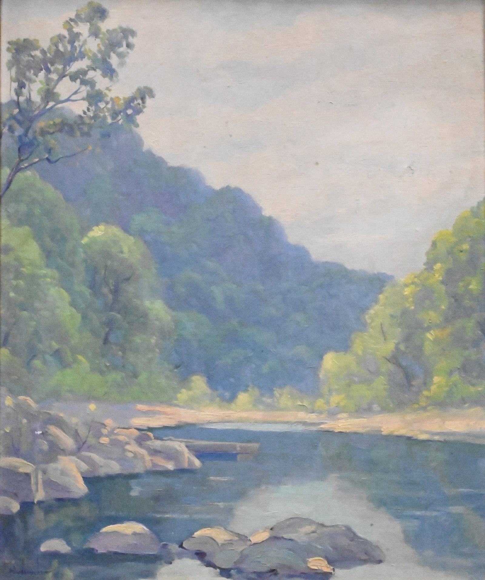 Frank Nuderscher (American 1880-1959): Frank Nuderscher (American 1880-1959) "Morning on the Black River" Oil on canvas board depicting a tranquil Impressionistic forest valley Signed lower left Nuderscher, original label verso with