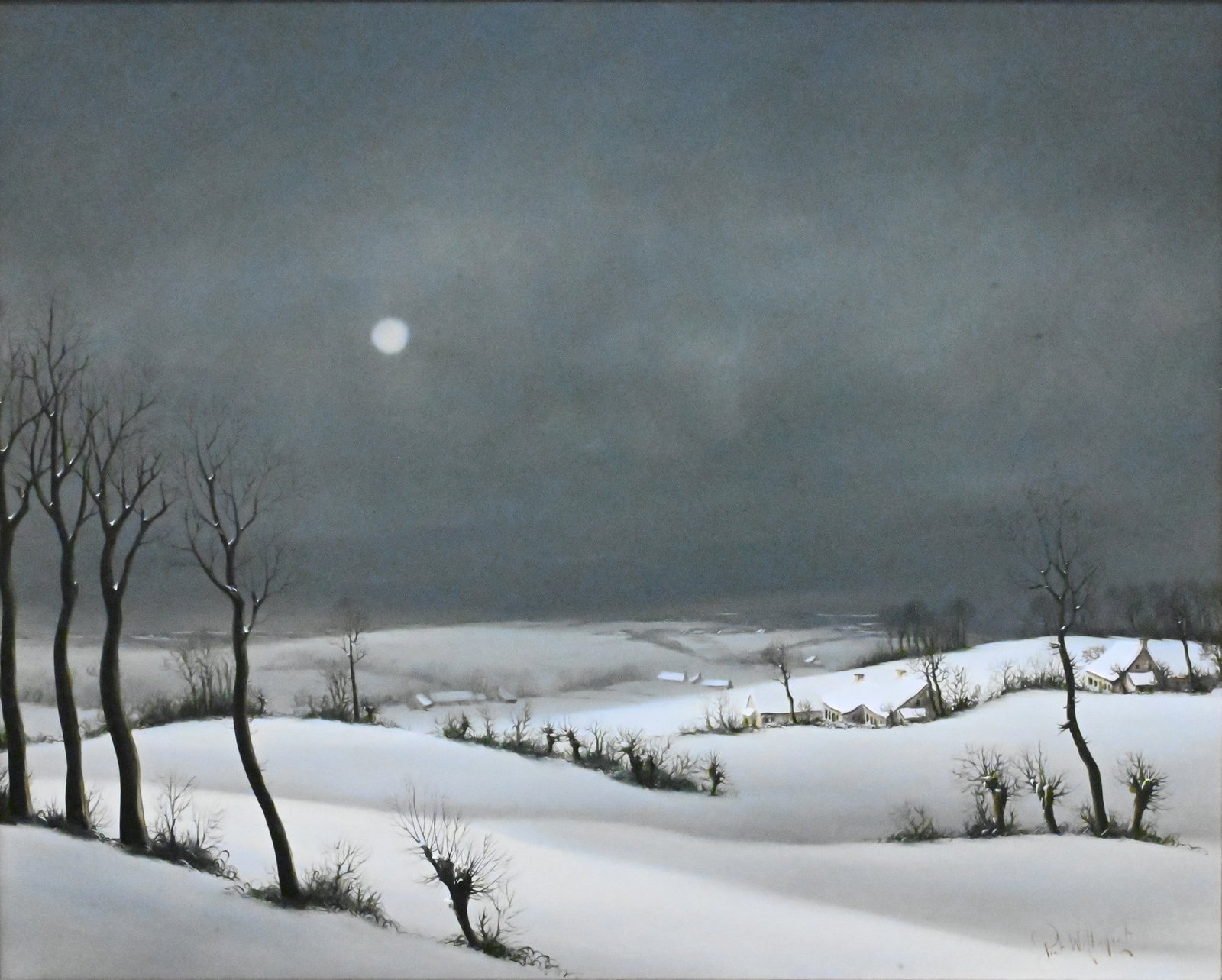 Piet Willequet (Belgian, B.1950): Piet Willequet (Belgian, B.1950) Winter Landscape Oil on board depicting a snow-covered rural landscape with cottages beneath a moonlit sky. Signed lower right Piet Willequet 16" x 20" board