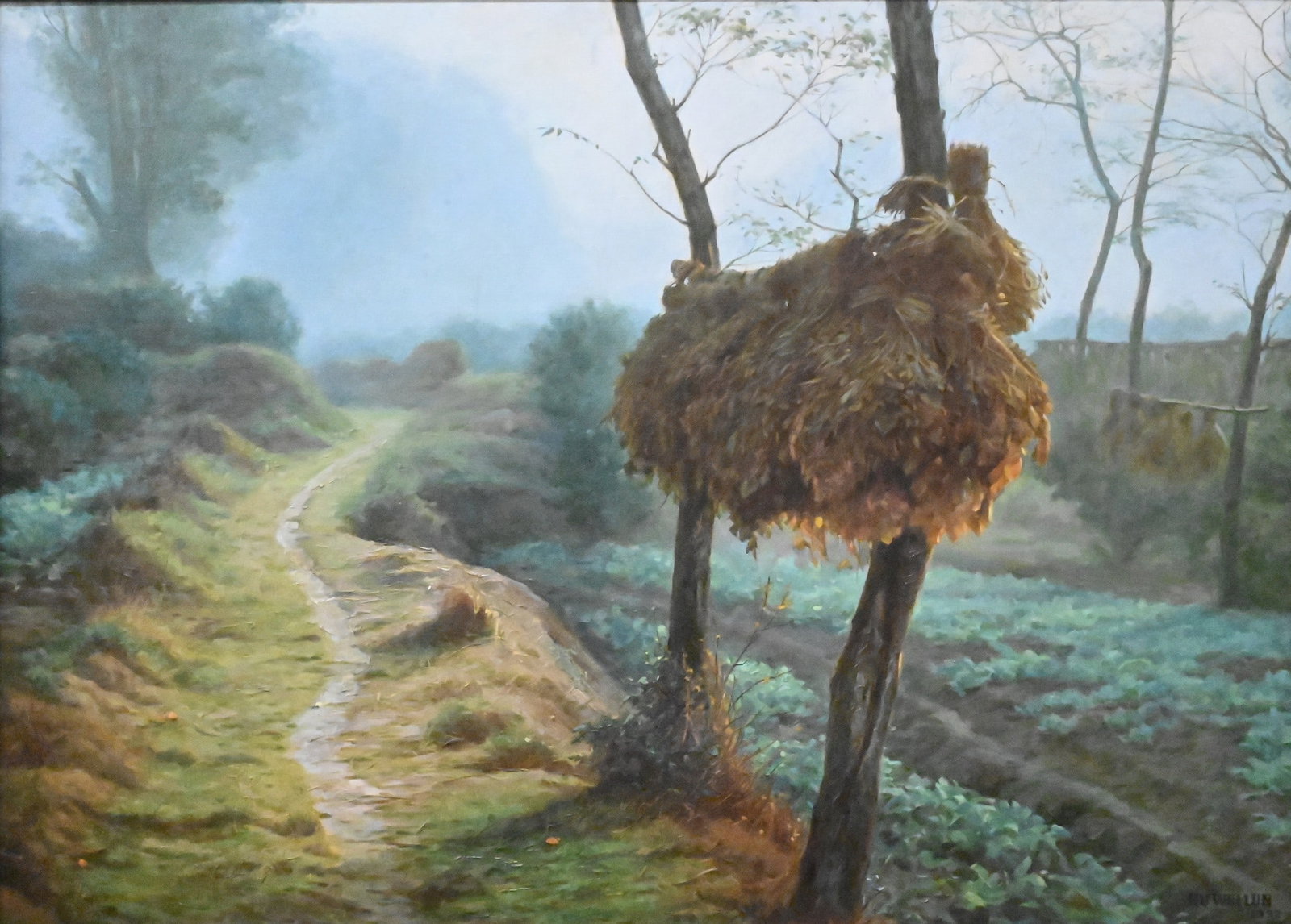 Hu Wuilun (Chinese, 20th Century): Hu Wuilun (Chinese, 20th Century) "Morning Melody," 1992 Oil on canvas depicting a rural landscape with haystack beside a winding path Signed and dated "HU WUILIN 1992" lower right; Chinese label