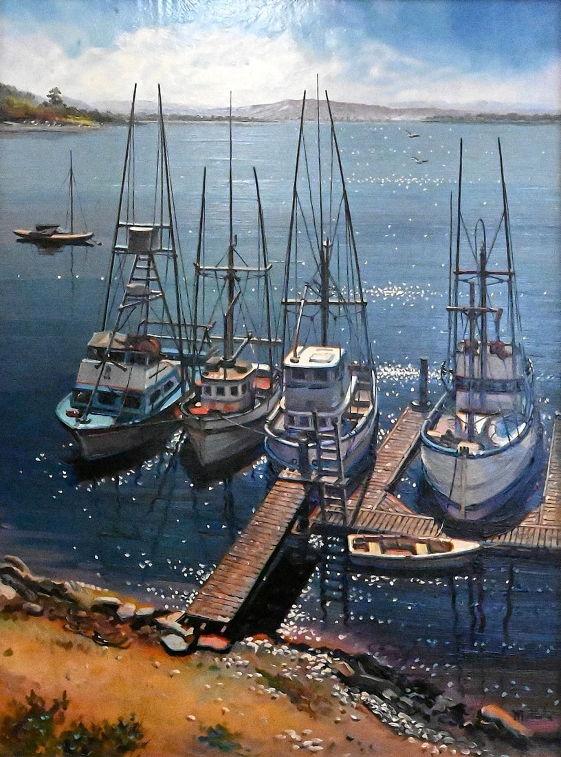 Filastro Mottola (American, 1915-2008): Filastro Mottola (American, 1915-2008) Harbor Scene Oil on board depicting fishing boats docked along a harbor with distant coastal hills Signed lower right Mottola 24" x 17 1/2" sight, 46" x 40" fram