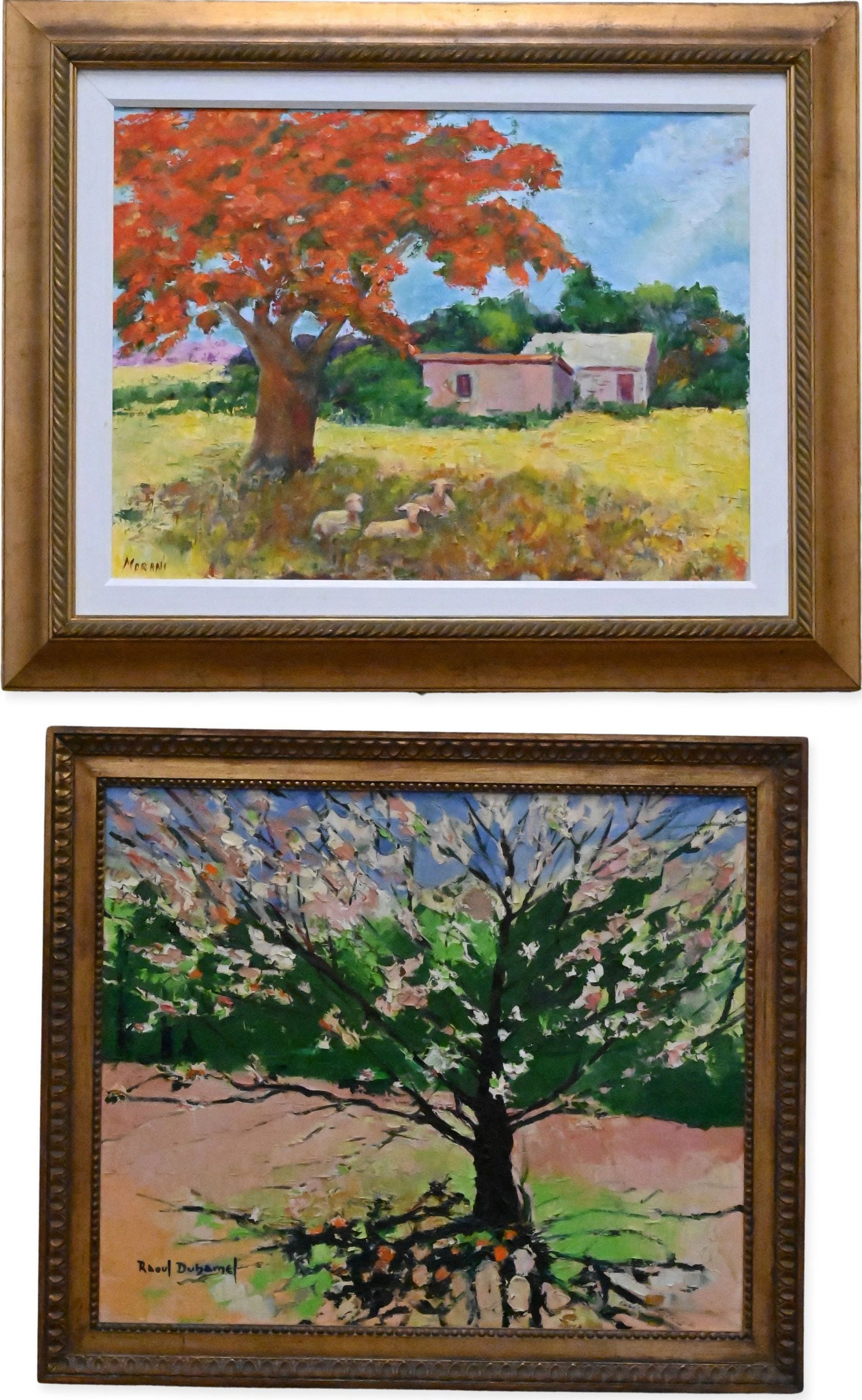 Two Framed Contemporary Landscapes: Two Framed Contemporary Landscapes to include Marjorie Morani (American, B.1935) Pastoral Landscape Oil on canvas depicting a red leafed tree and three recumbent sheep in a field Signed lower left Mor