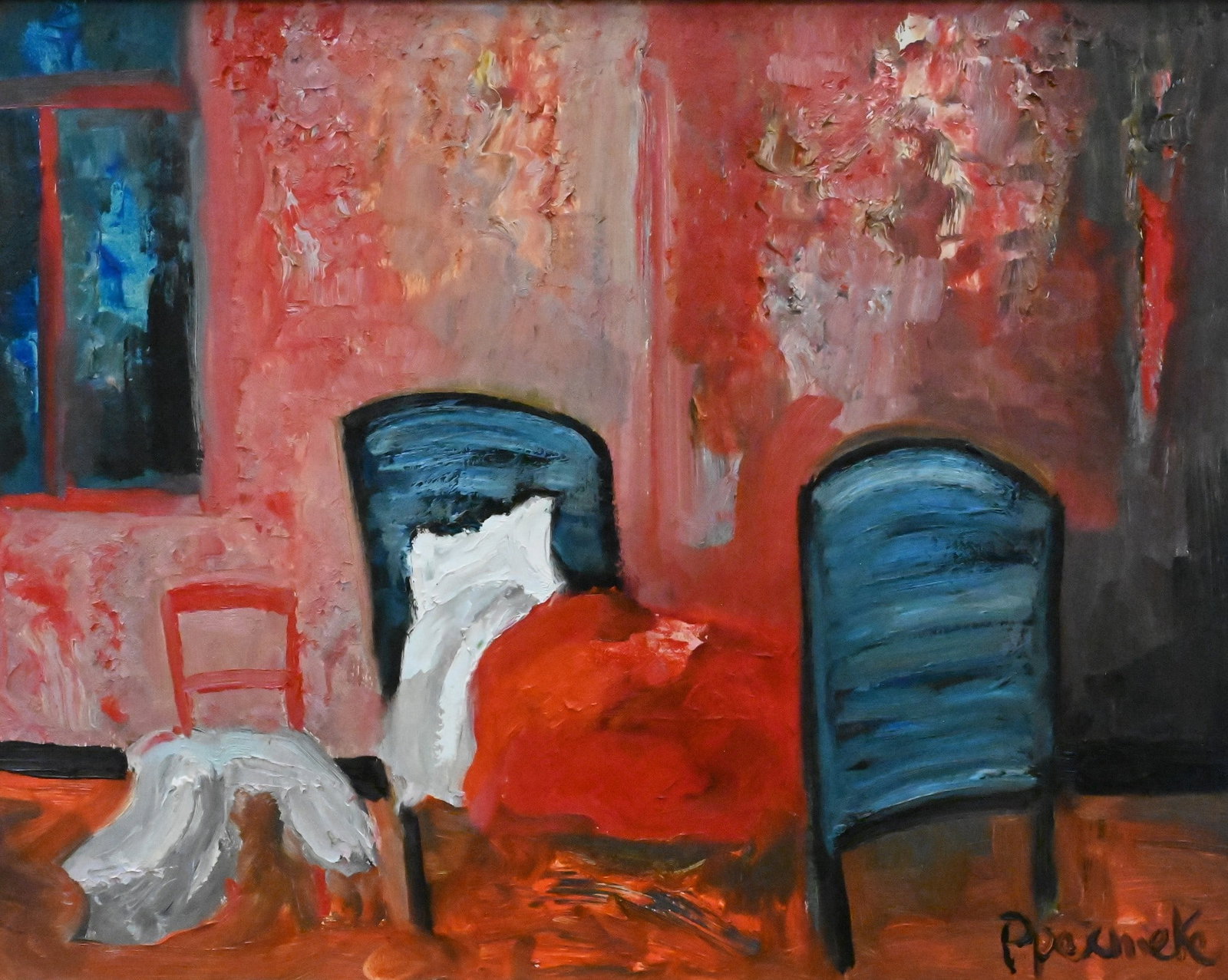 Paul Permeke (Belgian, 1918-1990): Paul Permeke (Belgian, 1918-1990) Bedroom Interior with Chair Oil on canvas depicting an interior with blue and red bed against a pink ground Signed lower right Permeke 16" x 20" canvas, 22" x 25