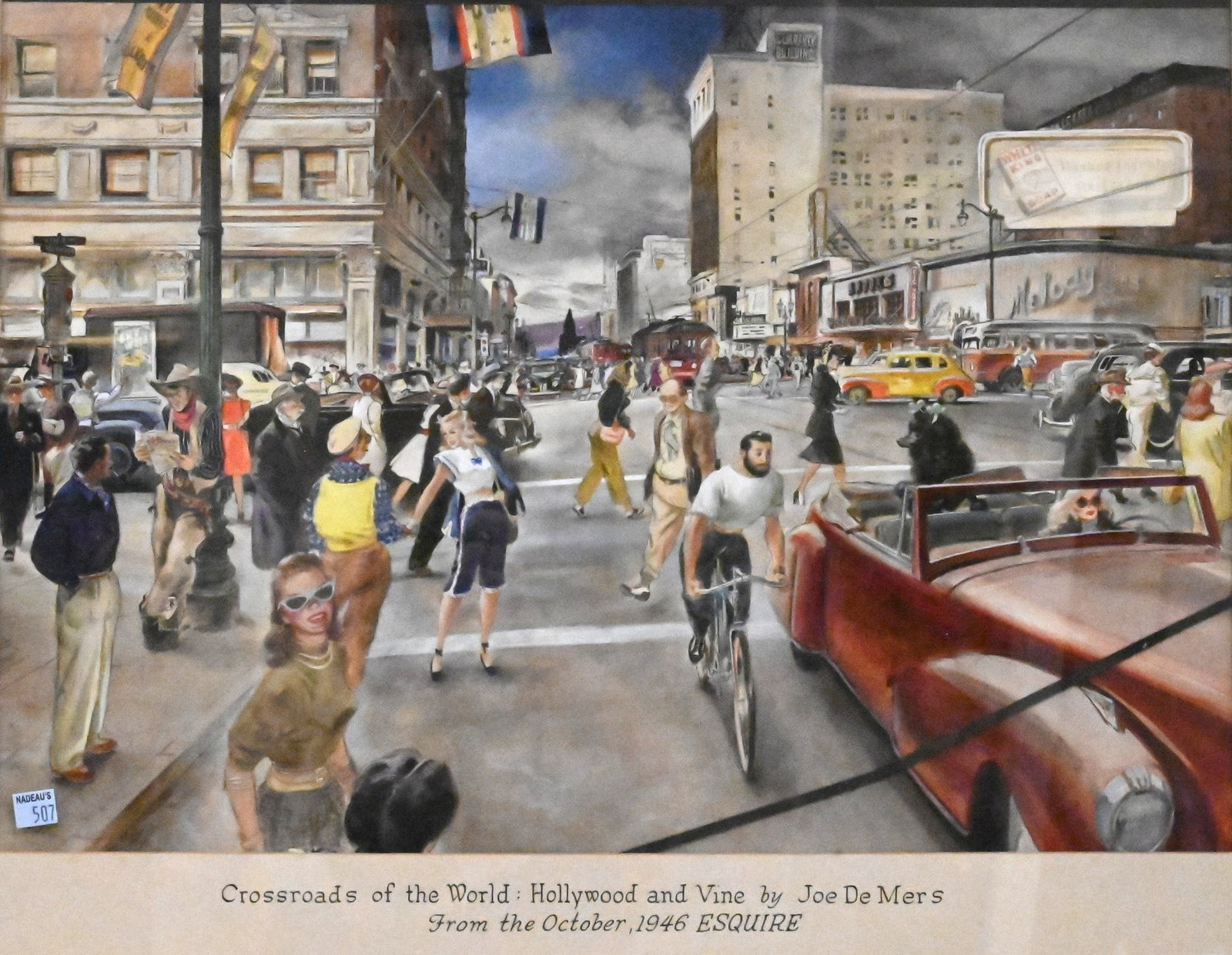 Joseph De Mers (American, 1910-1984): Joseph De Mers (American, 1910-1984) "Crossroads of the World: Hollywood and Vine," 1946 Watercolor on paper, illustration for the October 1946 issue of Esquire 16 1/2" x 24" sight