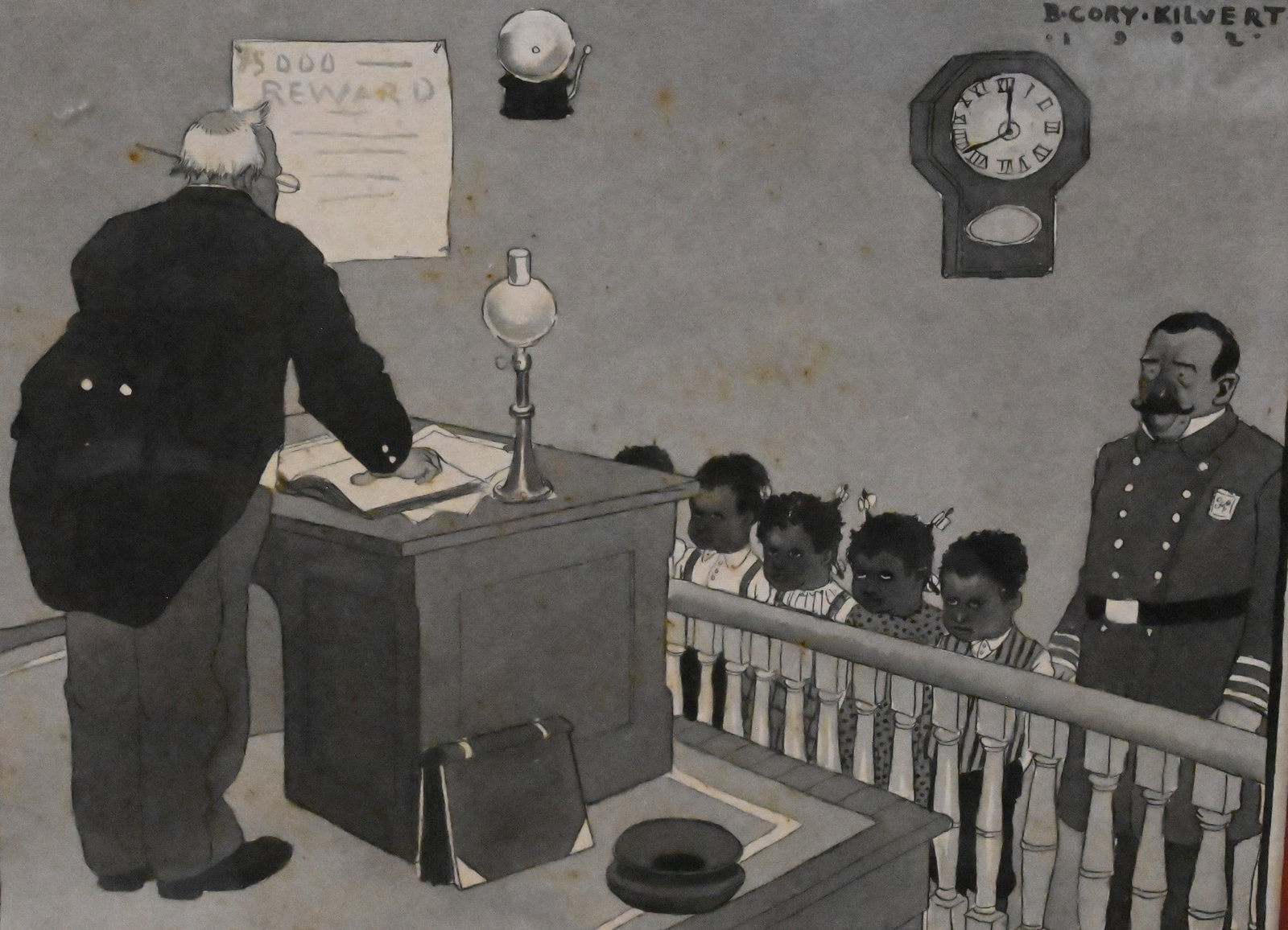 Benjamin Cory Kilvert (Canadian/American, 1879-1946): Benjamin Cory Kilvert (Canadian/American, 1879-1946) "$5,000 Reward", 1902 Pen and ink wash on illustration board depicting a racial stereotype political satire scene of five Black children being