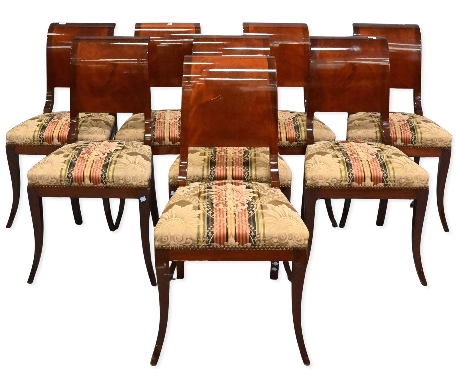 Set of 8 Mahogany Sleigh Chairs: Set of 8 Mahogany Sleigh Chairs each having custom upholstered seats height 35 inches, width 18 1/2 inches