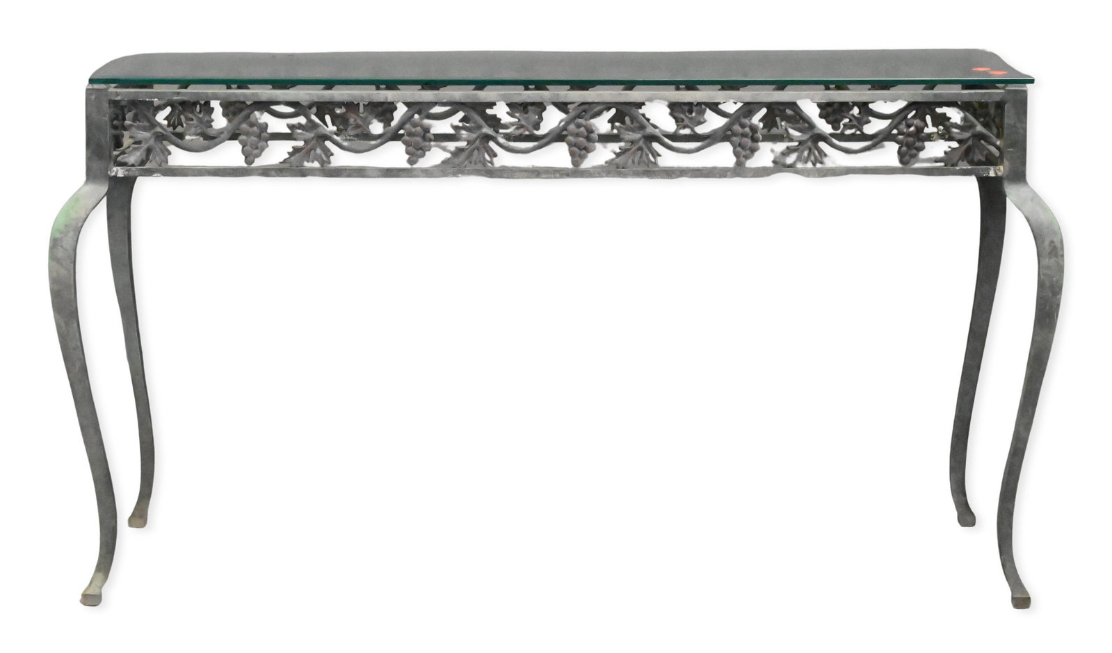 Metal and Glass Console Table: Metal and Glass Console Table Rectangular console table having a glass top above metal frame featuring pierced grapevine and foliate decoration, raised on curved legs height 29 inches, top 15" x 49"