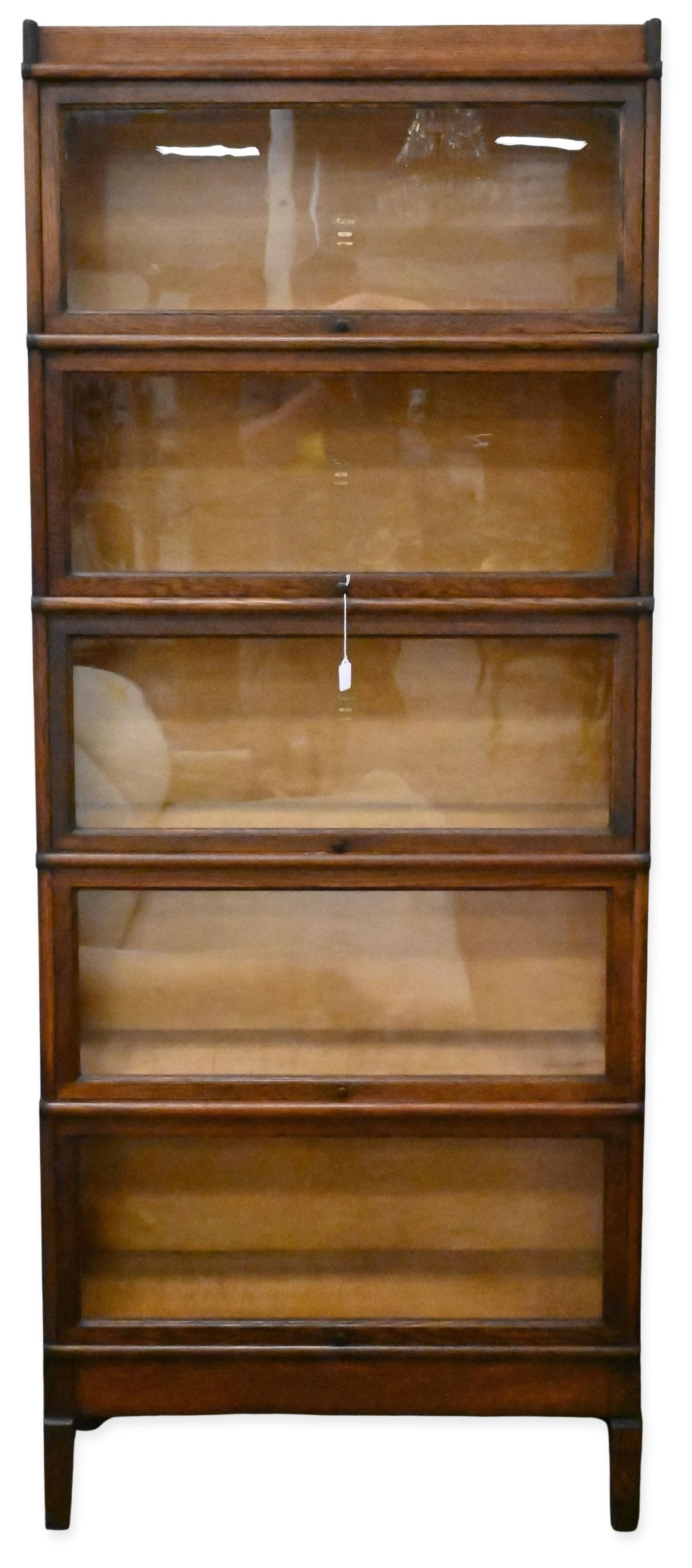 Macey Oak Barrister Bookcase: Macey Oak Barrister Bookcase in five sections all having glass doors and marked "Macey" to back of interior height 85 inches, width 34 inches, depth 11 1/2 inches