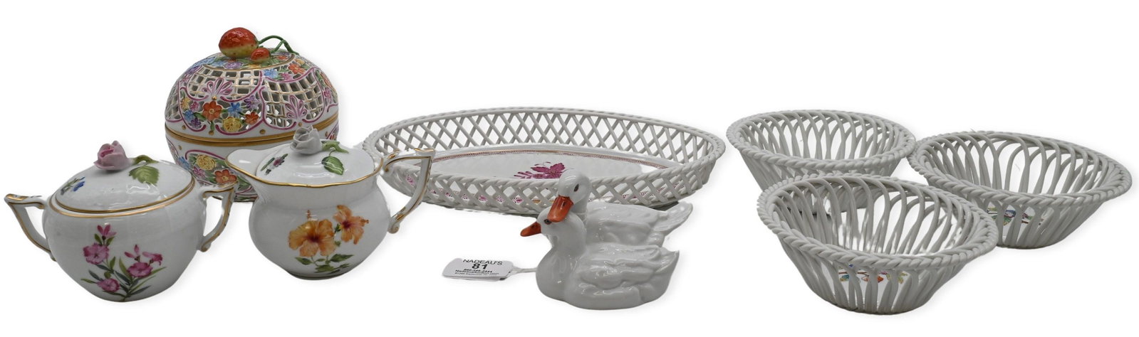 Small Herend Porcelain Group: Small Herend Porcelain Group to include three small and one oval openwork baskets having hand-painted floral decoration, openwork covered ball-form box having strawberry finial and floral decoration,